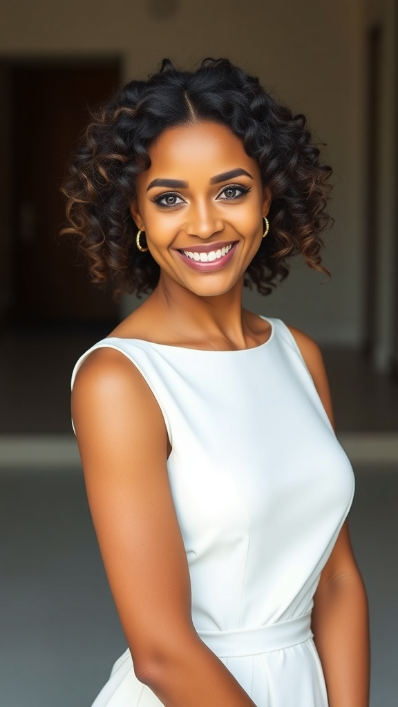 Bride with loose curly ponytail and wrapped base, smiling in a white dress