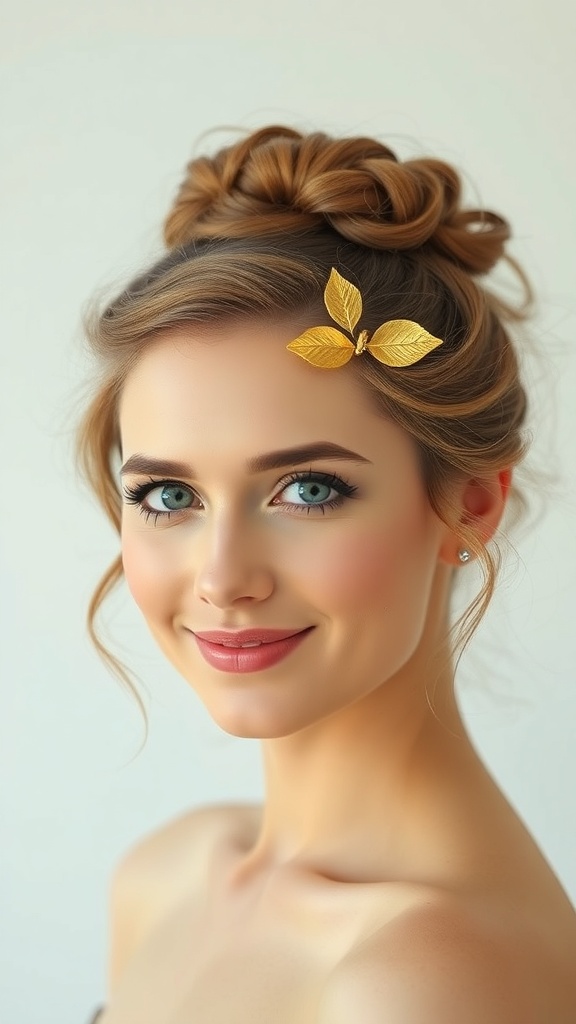 A bride with a loose curly updo adorned with a gold leaf pin, showcasing a soft and elegant hairstyle.