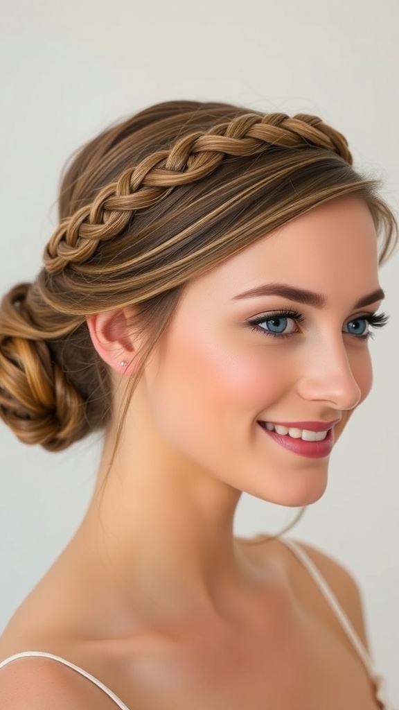 A woman with a loose low bun hairstyle featuring a braided crown detail, smiling softly.