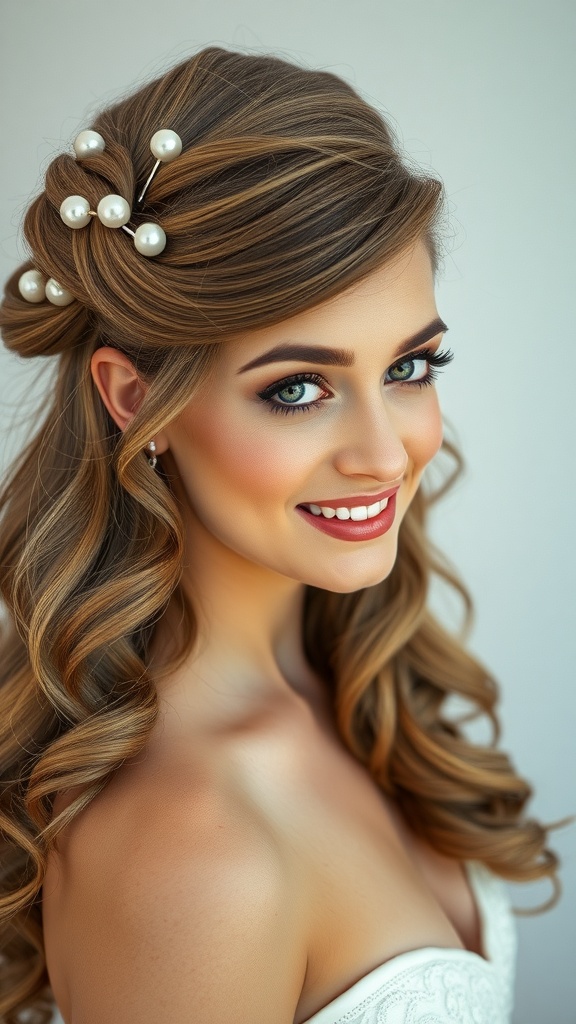 A bride with loose romantic curls styled in a twisted half updo, adorned with pearl hairpins.