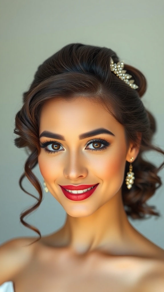 A bride with loose sculpted curls and a side clip, showcasing elegant wedding hair.