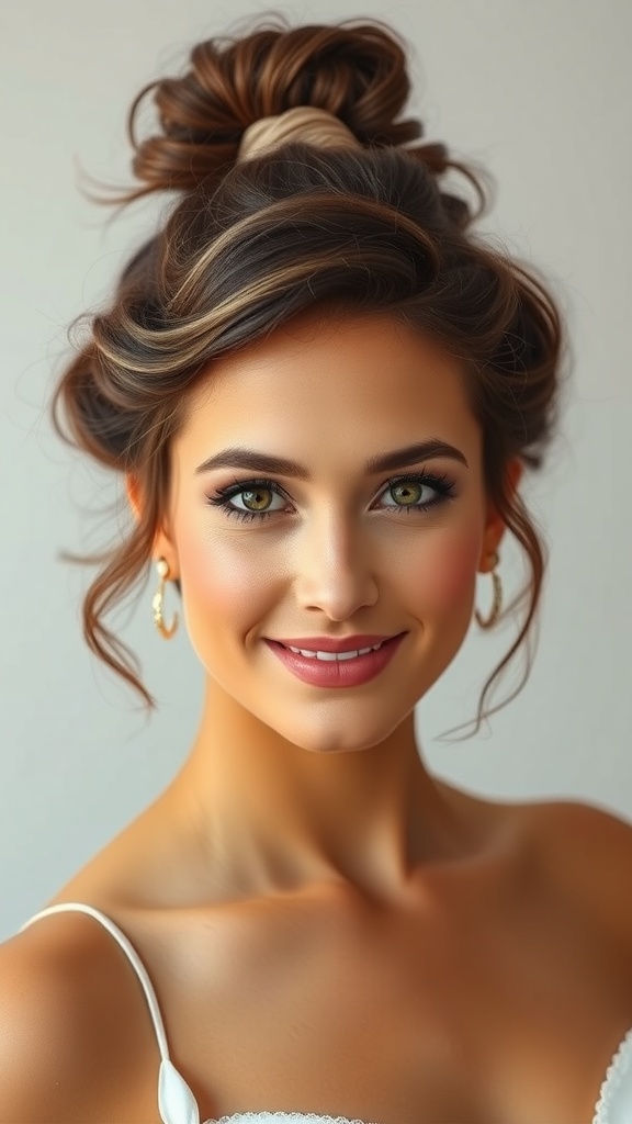 A woman with a loose top bun and side-swept curls, showcasing a natural hair updo wedding style.