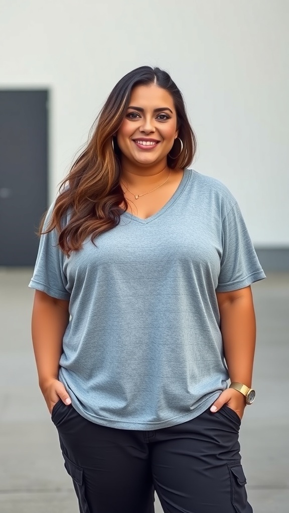 A woman wearing a loose v-neck tee and cargo joggers, smiling confidently.