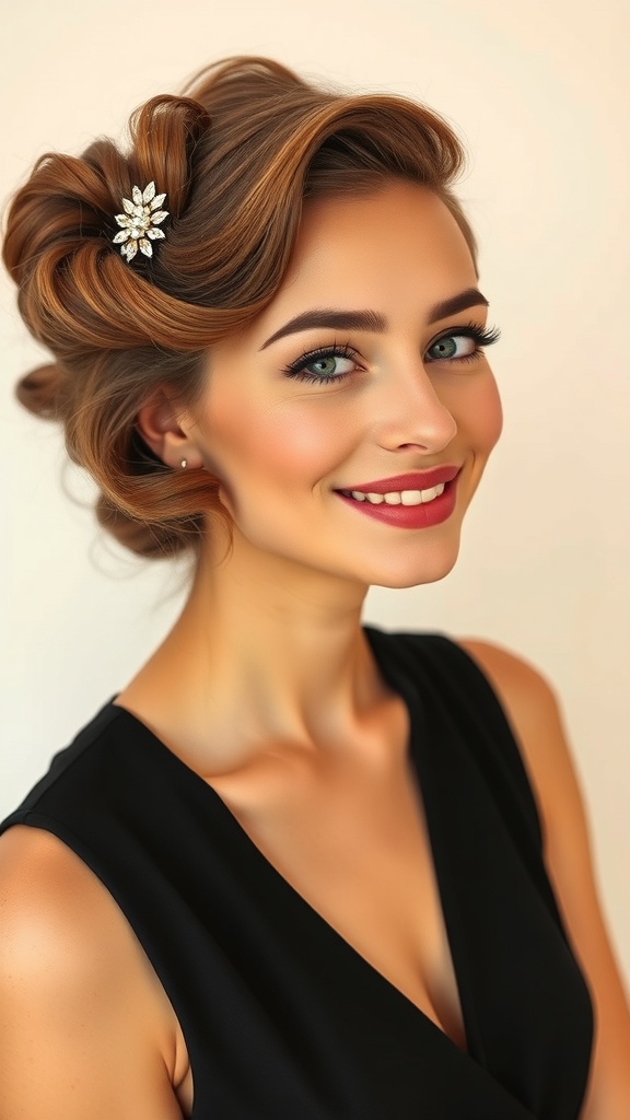 A woman with loose vintage curls styled to one side, adorned with a sparkling hairpiece, showcasing old Hollywood elegance.