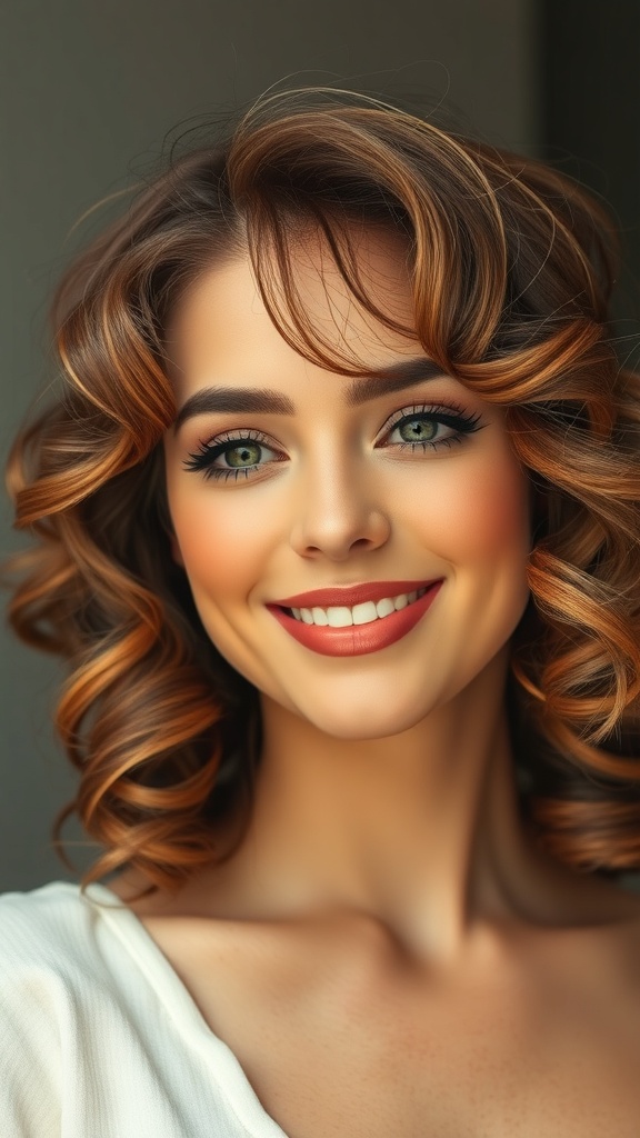 A woman with loose vintage curls and barely there bangs, showcasing a classic old Hollywood look.