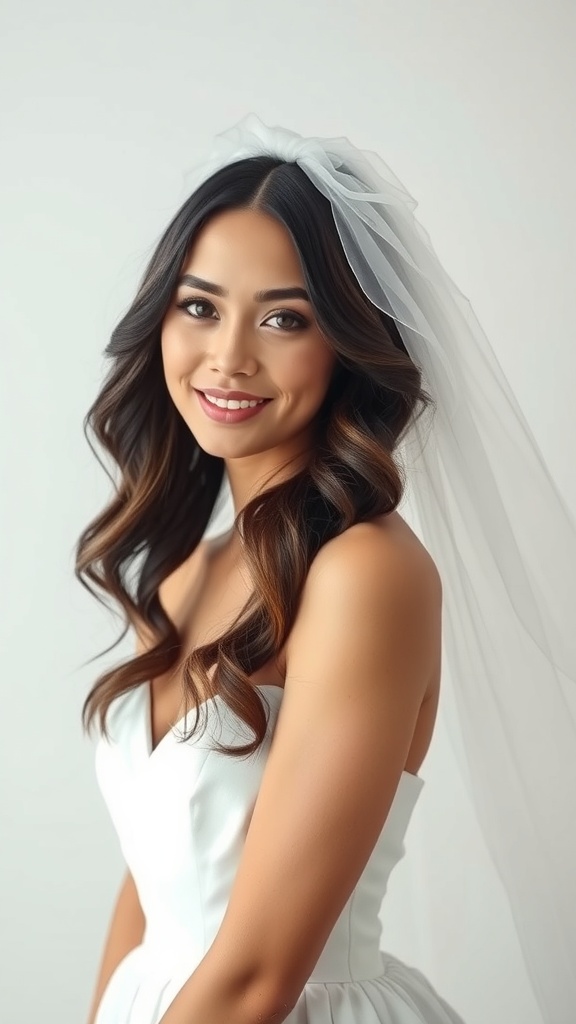 Bride with loose waves hairstyle and long tulle veil, smiling softly