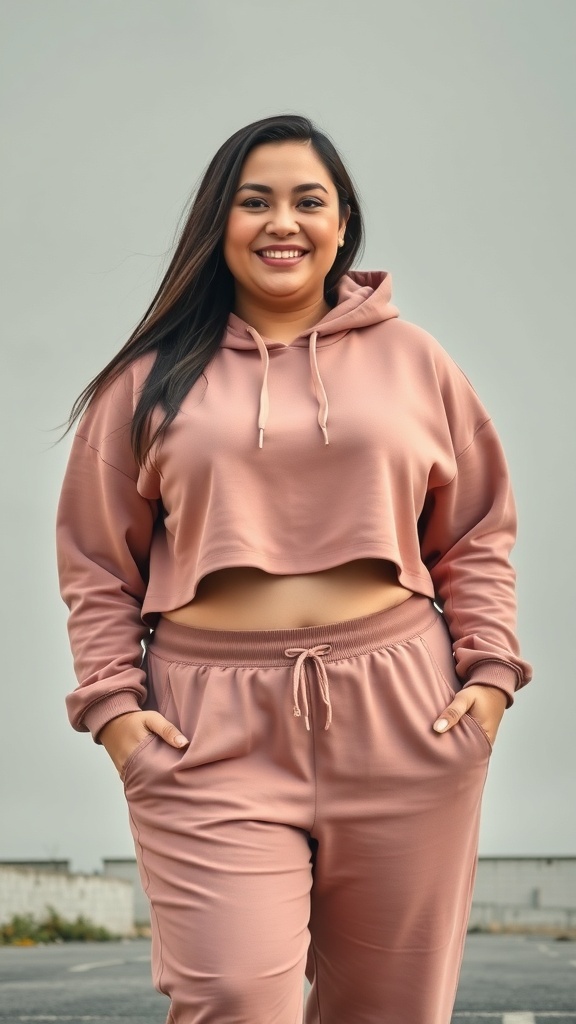 A woman wearing a cropped hoodie and fitted joggers in a soft pink color, smiling confidently.