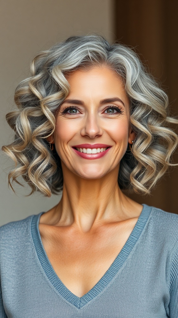 A woman with a curly grey bob hairstyle, smiling and wearing a blue sweater.
