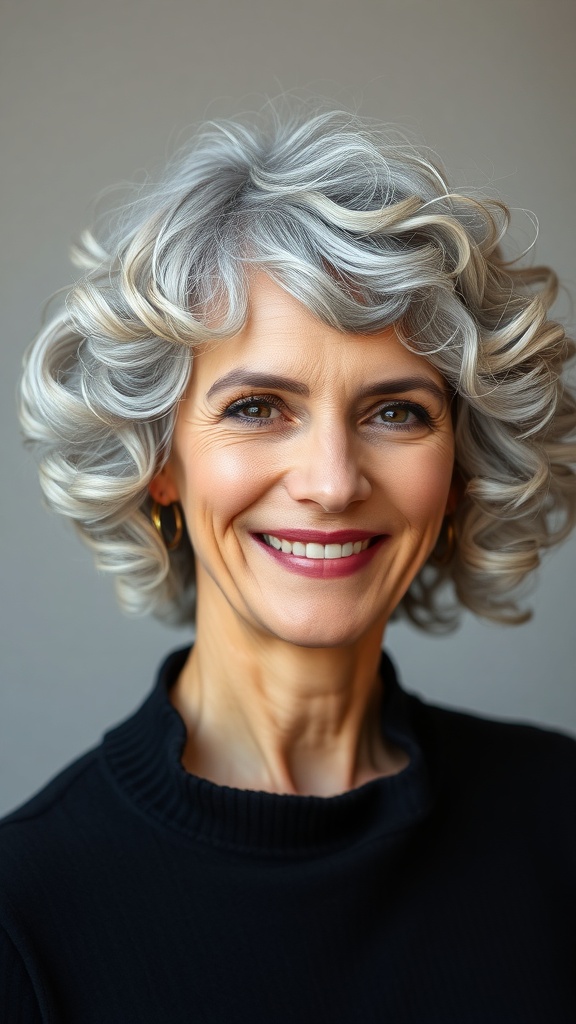 A woman with curly grey hair styled in a low-maintenance bob, smiling confidently.