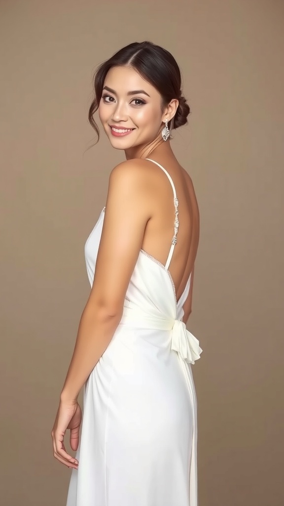 A woman wearing a low back bridal slip with embellished straps, smiling at the camera.