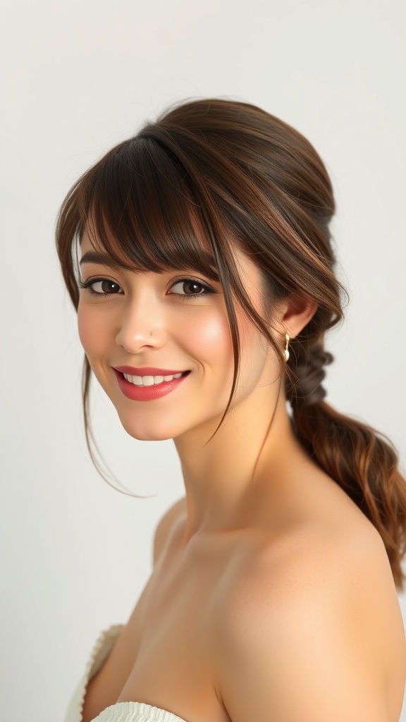 A woman with a low bubble ponytail and curtain bangs, showcasing a cute hairstyle for layered hair.