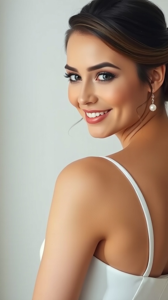 A bride with a low chignon hairstyle adorned with a pearl veil comb, showcasing a timeless and romantic look.