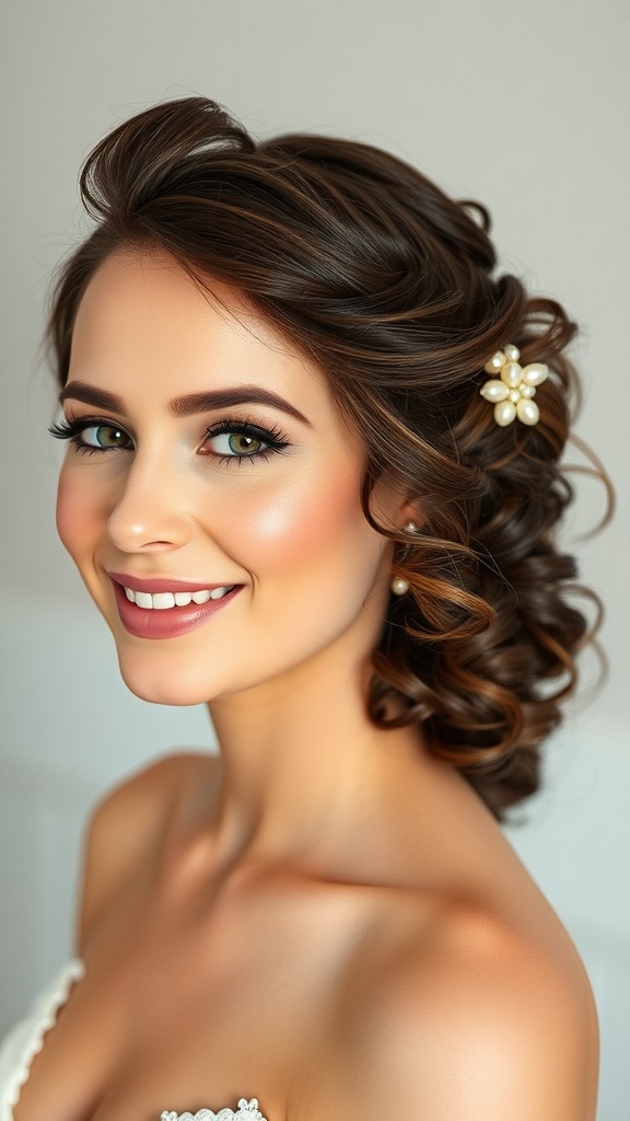 Bride with a low curly bun and side tendrils, wearing a pearl hair accessory