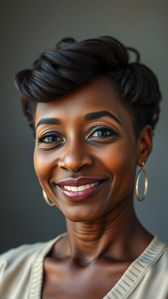 A woman with a low cut hairstyle featuring defined twist outs, showcasing natural texture.