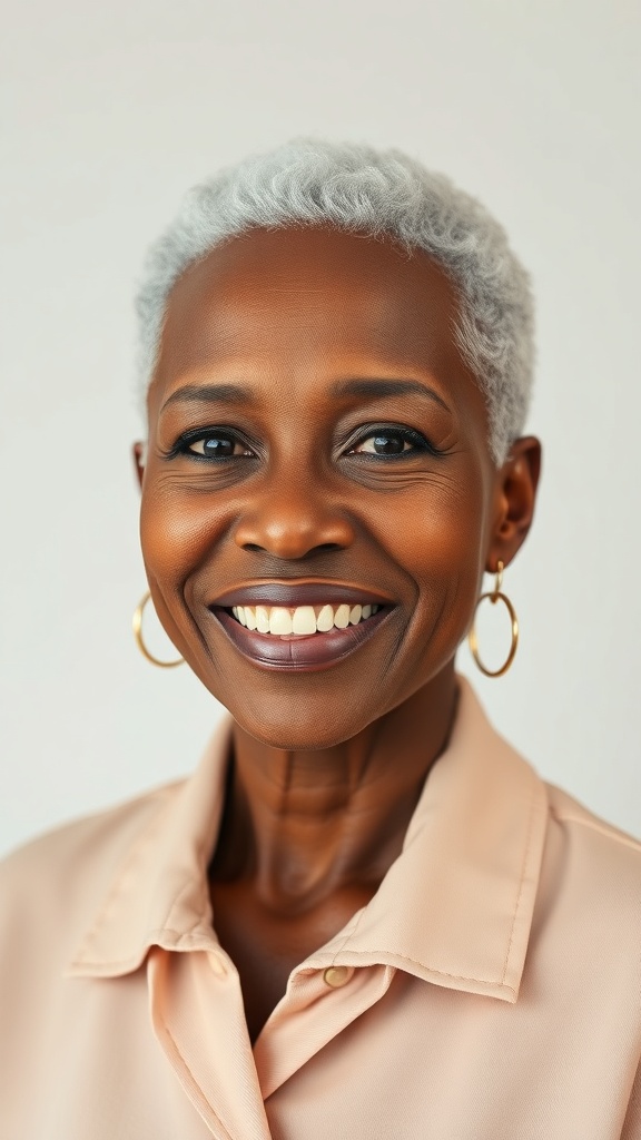 A woman with a low natural crop hairstyle, showcasing her natural hair texture and a clean hairline.