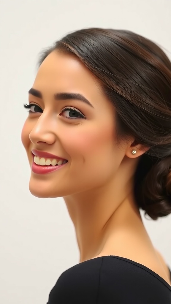 A woman with a low twisted bun hairstyle, showcasing a glossy finish, smiling confidently.