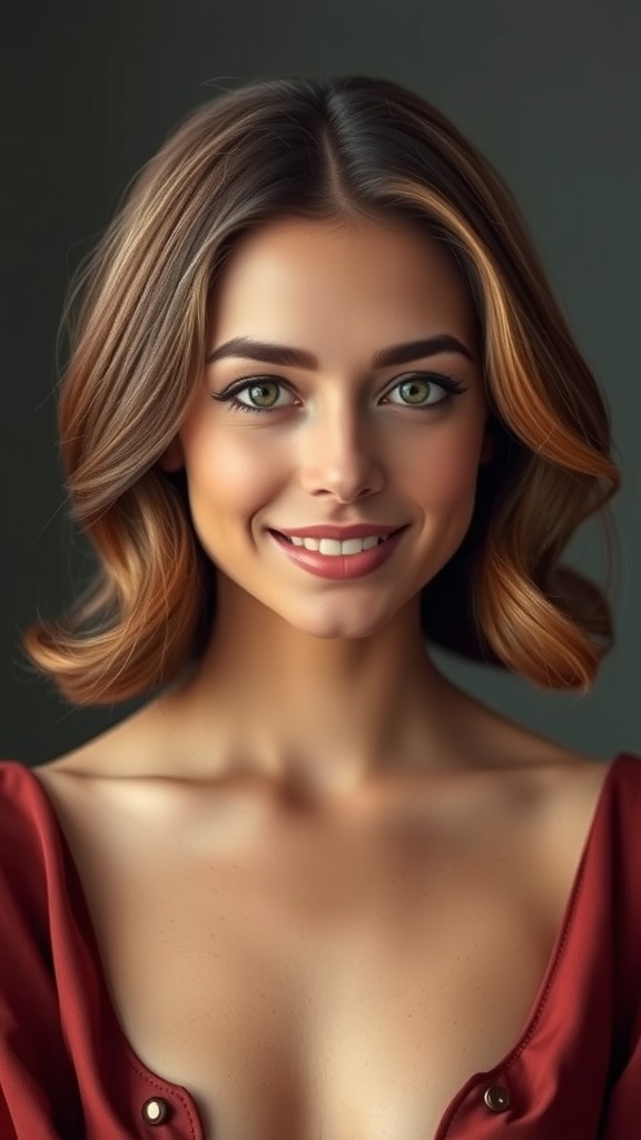 A woman with soft waves and a center part, embodying the Marlene Dietrich hairstyle.