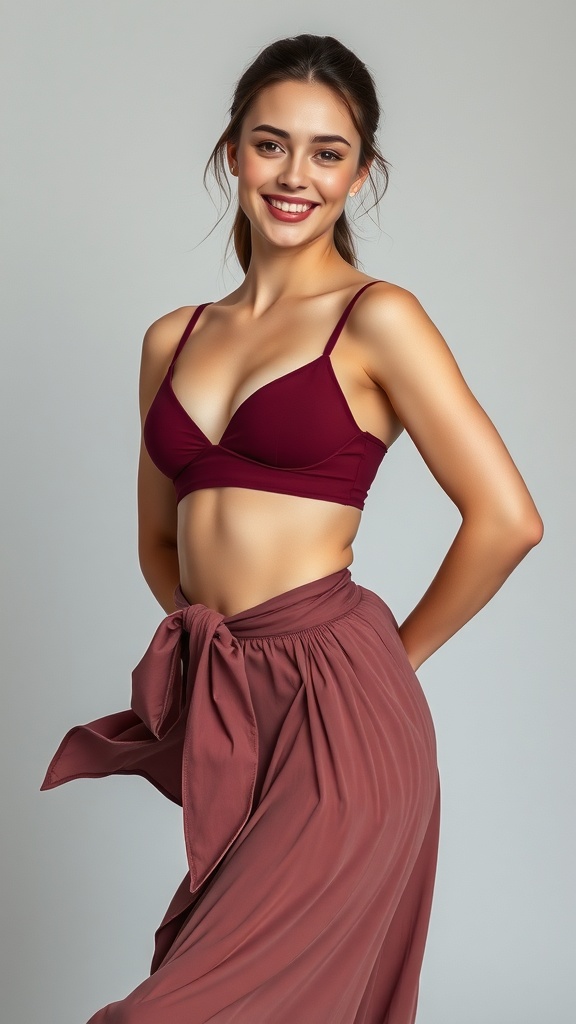 A model wearing a maroon bra top and a flowy wrap skirt, smiling confidently.
