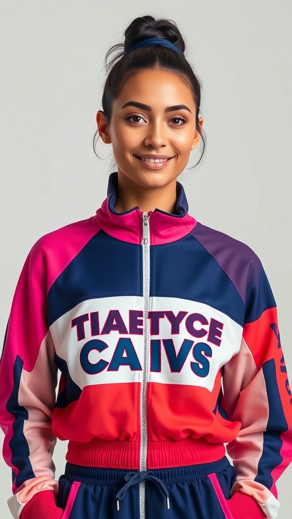 A woman wearing a colorful matching tracksuit, smiling confidently.