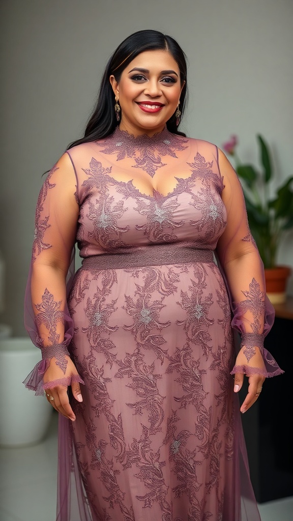 A woman wearing a mauve long sleeve lace gown with intricate detailing, smiling confidently.
