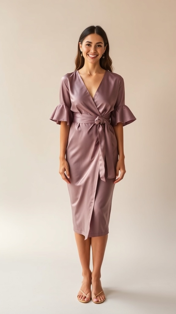 A woman wearing a mauve satin wrap dress with petal sleeves, smiling at the camera.