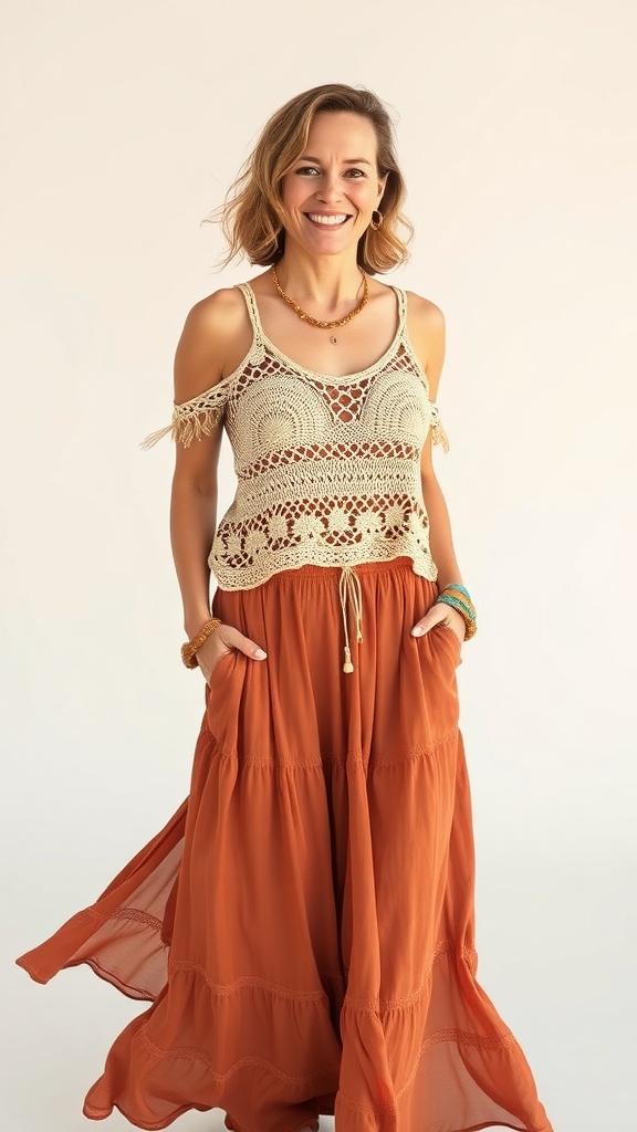 A woman wearing a crochet tank top and a flowing maxi skirt, smiling confidently.