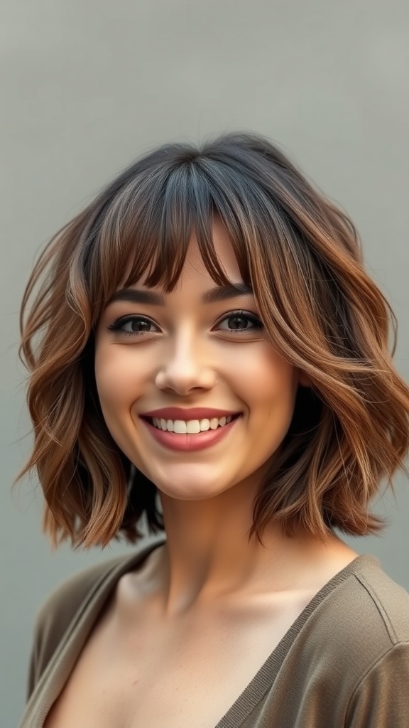 A woman with medium-length choppy layered hair, smiling at the camera.