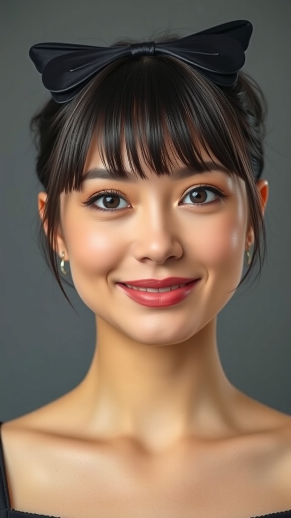 A woman with medium butterfly cut hair and curtain bangs, smiling and wearing a black bow headband.