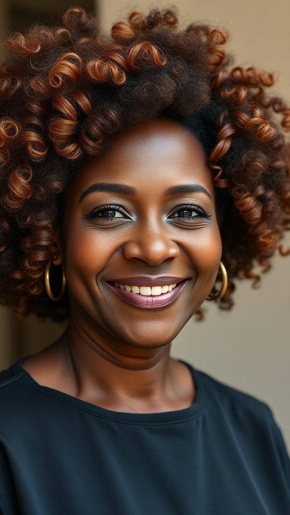 A woman with a medium curly afro hairstyle and side layers, smiling confidently.