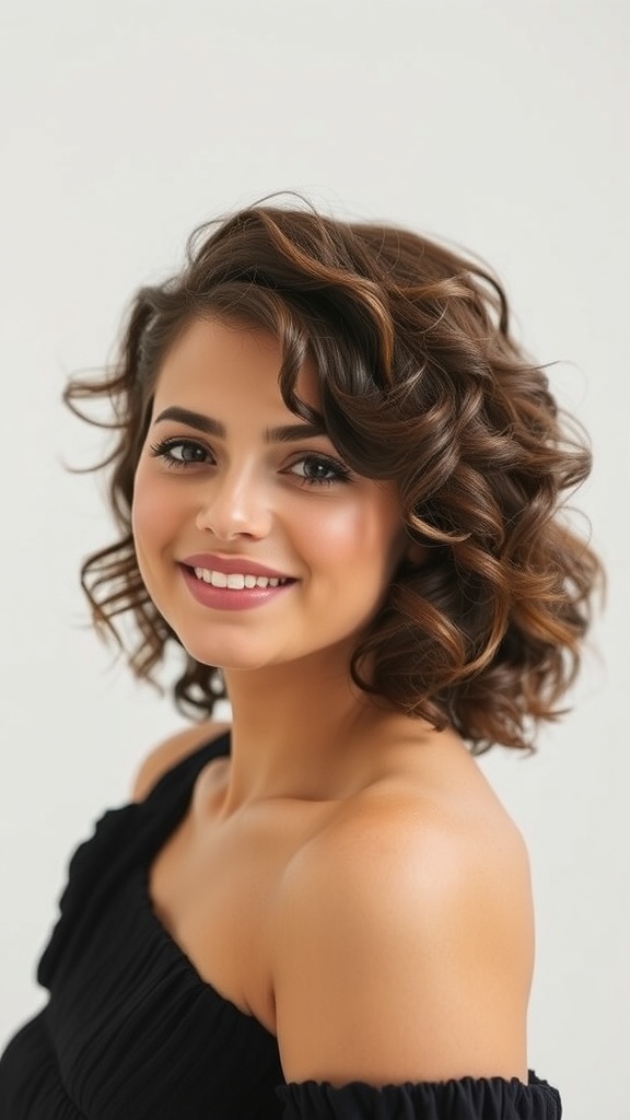A woman with medium layered curly hair, smiling and showcasing defined curls.