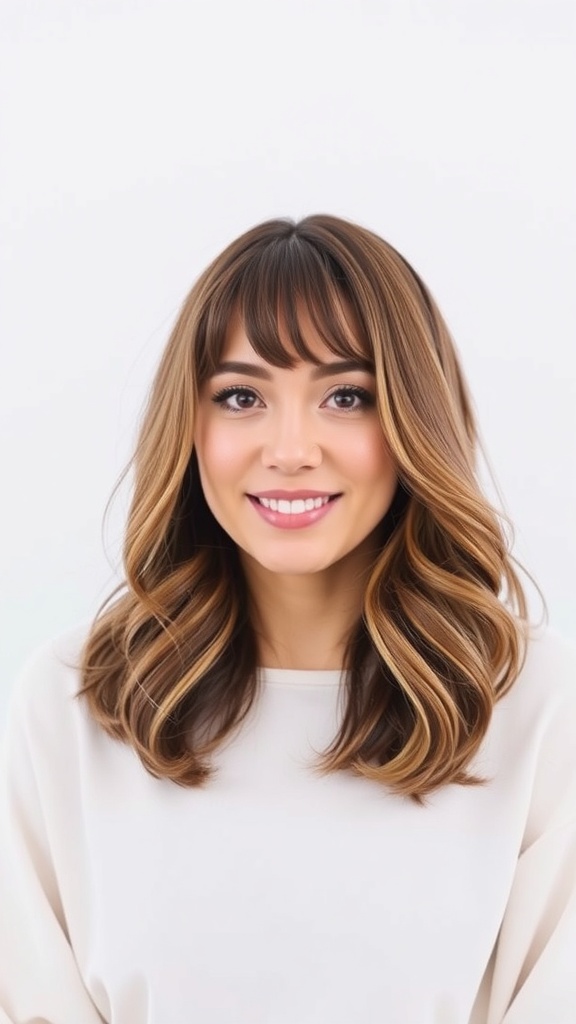 A woman with medium layered hair and curtain bangs, smiling at the camera.