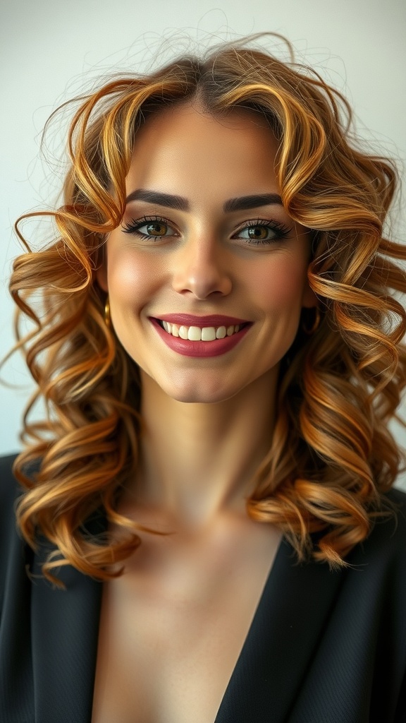 A woman with medium layered hair styled in light curls, smiling confidently.