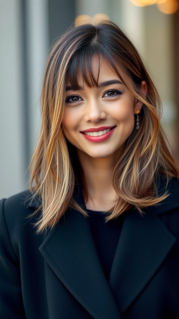 A woman with medium layered hair and swooped side bangs, smiling confidently.