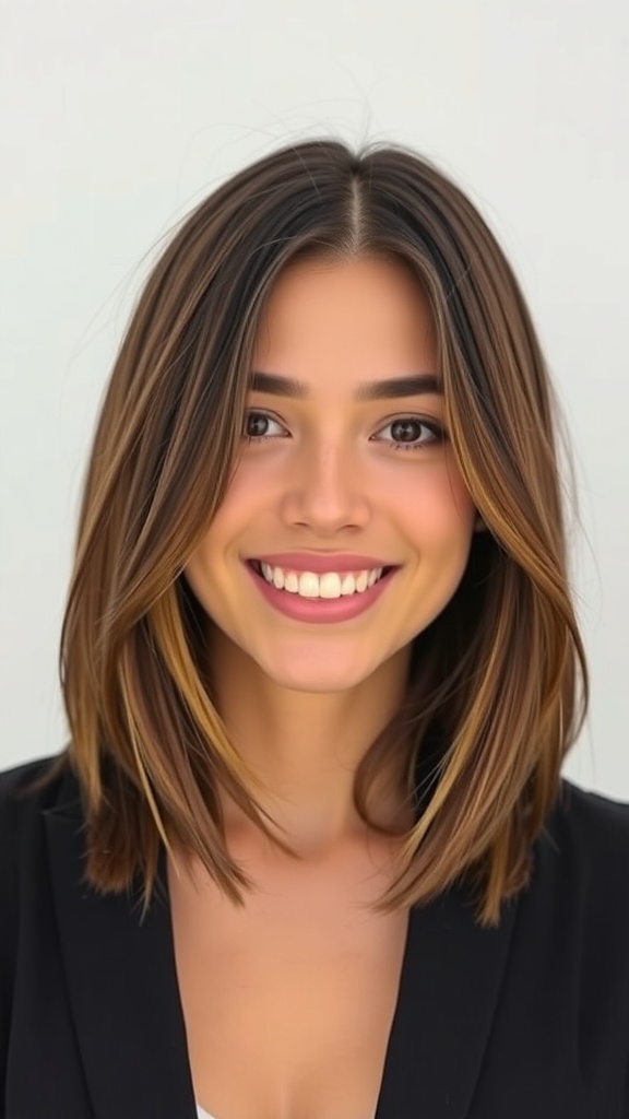 A woman with a medium layered haircut and a clean center part, smiling at the camera.