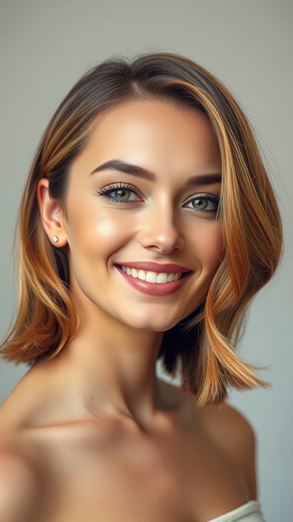 A woman with medium layered straight hair and side flicks, smiling at the camera.