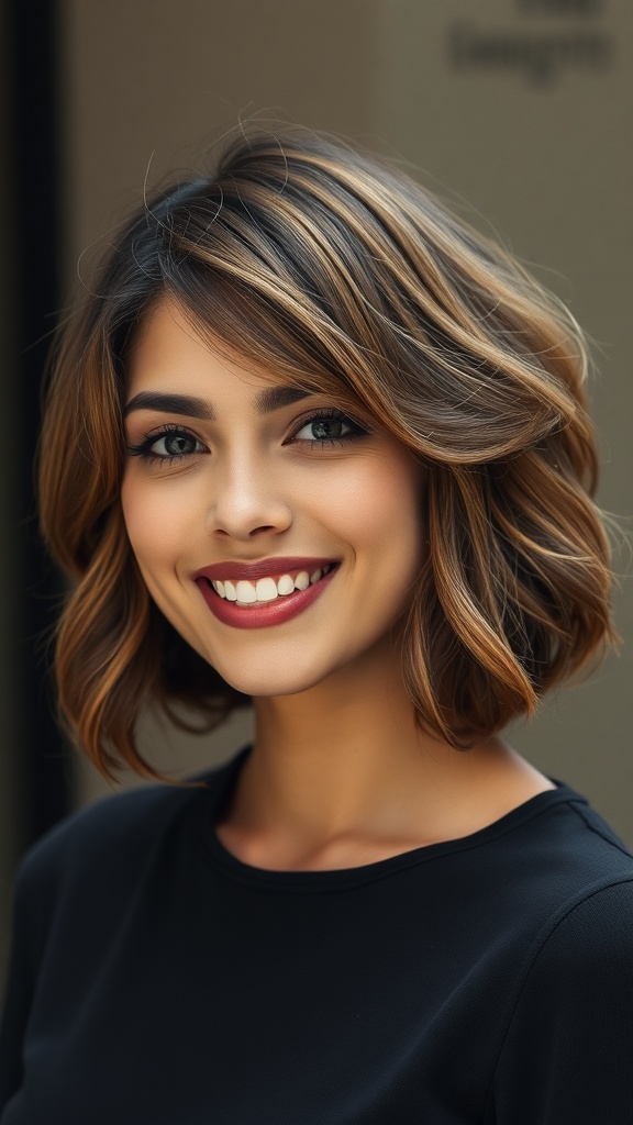 A woman with medium length layered curly hair, smiling and showcasing her hairstyle.