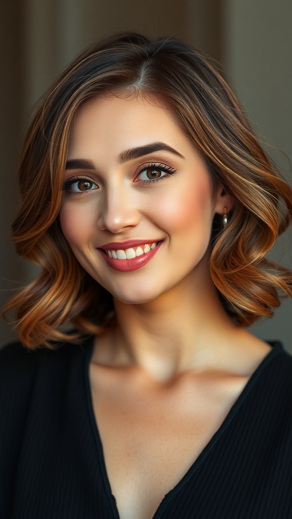 A woman with medium length 90s layered hair, styled with curled under layers.