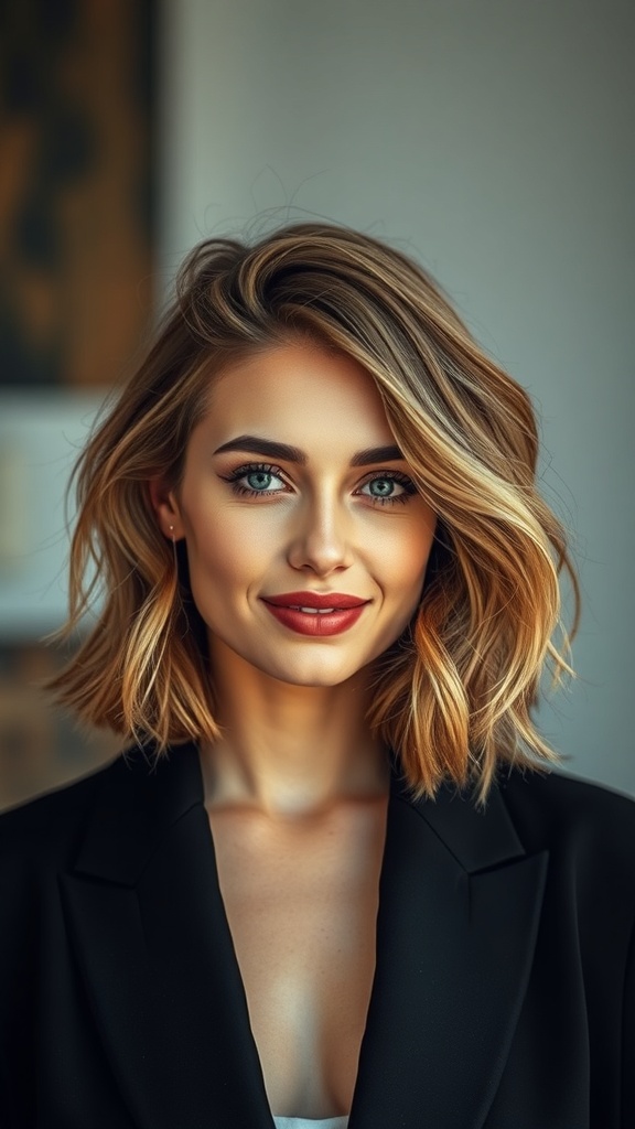 A woman with medium length waves and butterfly cut layers, wearing a black blazer and smiling.