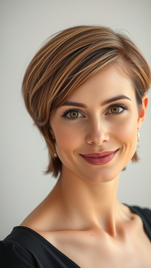 A woman with a medium short hairstyle featuring rounded layers, smiling softly.