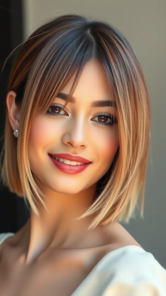 A woman with medium straight hair styled in layers and long curtain bangs, smiling at the camera.