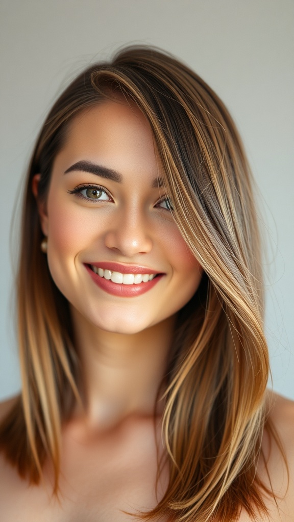 A woman with medium straight layered hair and a side part, smiling at the camera.