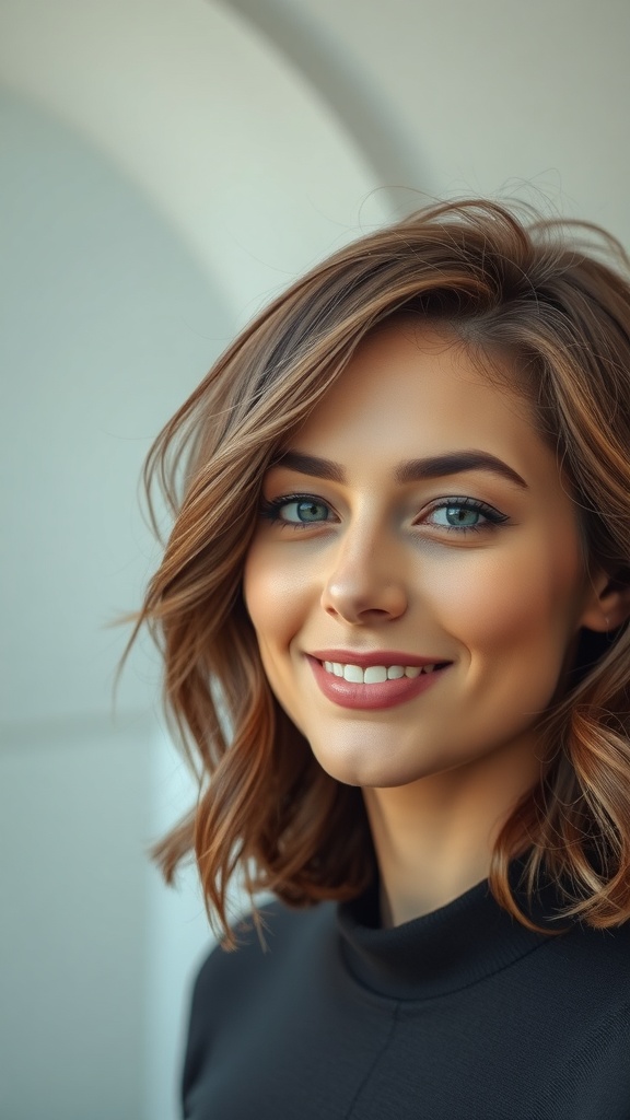 A woman with medium wavy hair smiling, showcasing a layered haircut with an air-dried texture.