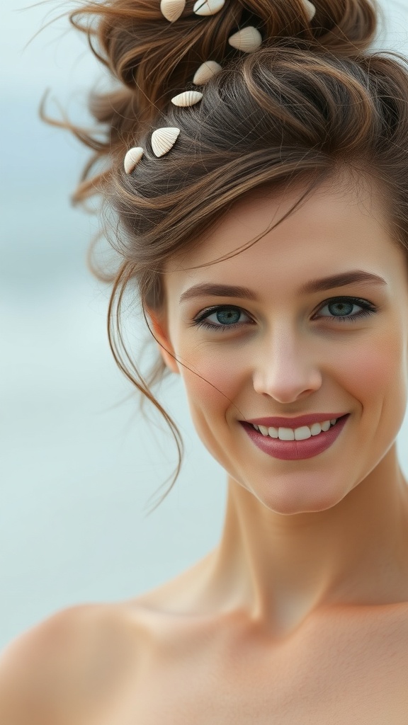 A woman with a messy bun hairstyle adorned with shells, smiling against a beach backdrop.