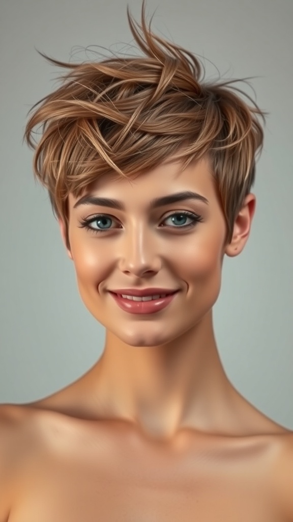 A woman with a messy crop cut and side-swept bangs, showcasing a stylish and textured hairstyle.