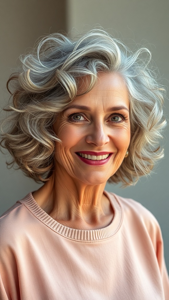 A woman with a messy curly bob hairstyle, showcasing classy grey hair, smiling warmly.