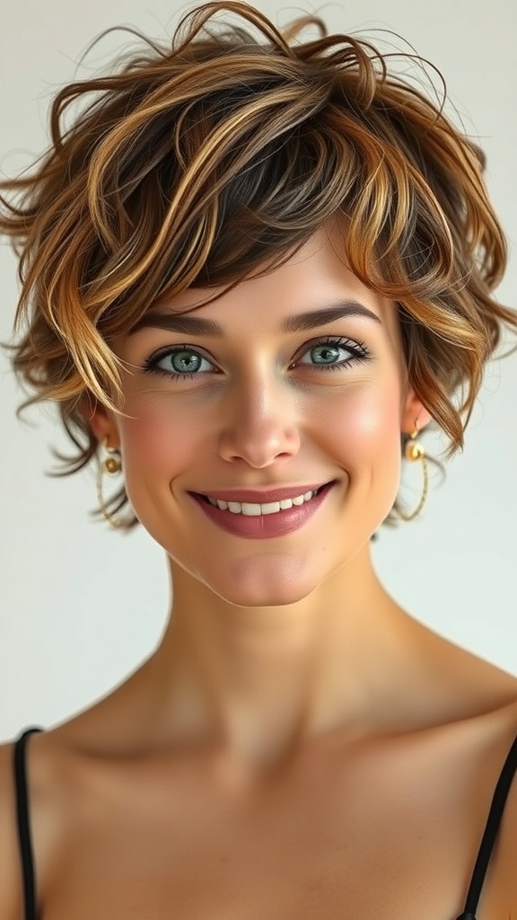 A woman with a messy curly pixie hairstyle featuring highlighted tips.
