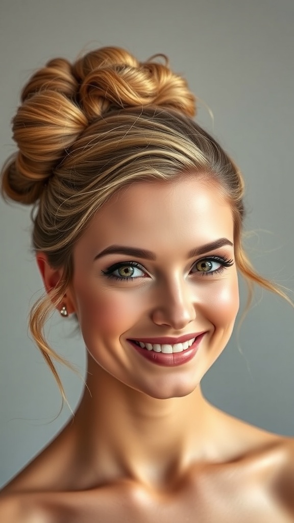 A bride with a messy twisted bun hairstyle, featuring a crown height and soft strands framing her face.
