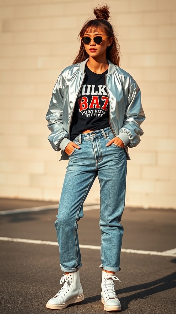 A person wearing a metallic bomber jacket, acid-wash jeans, and white high tops, styled in a retro-chic manner.