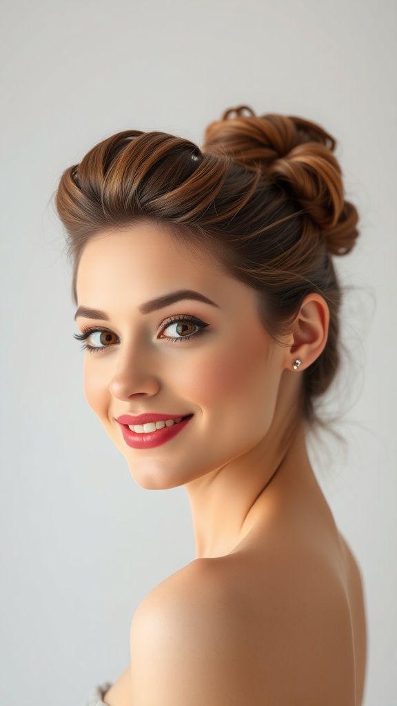 A woman with a mid bun hairstyle and face-framing waves, showcasing a soft and elegant bridal look.