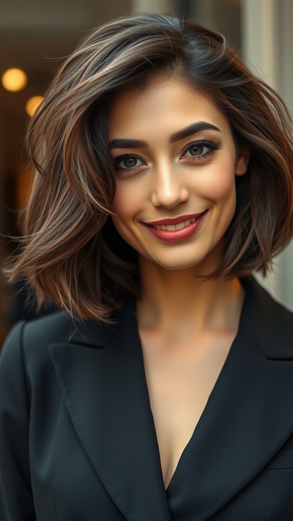 A woman with mid-length thick hair styled in light feathered layers, smiling and wearing a black blazer.